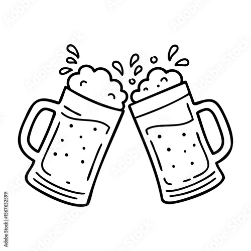 Two illustrated beer mugs clinking with splashes. Vector hand-drawn doodle illustration