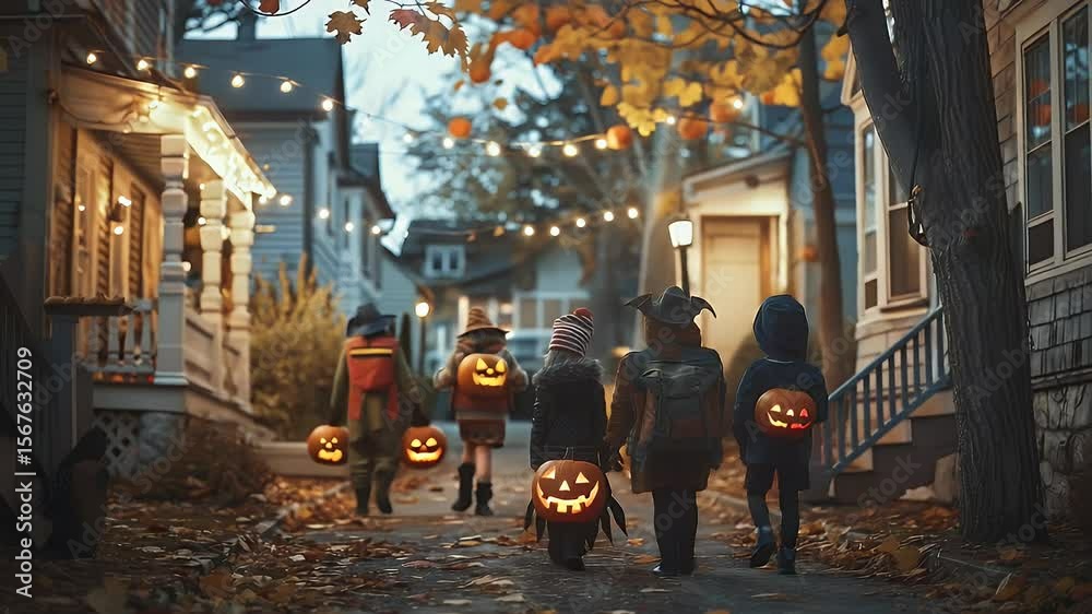 Children in costumes walk down a street at night carrying carved pumpkin lanterns autumn leaves and illuminated houses. Halloween scene captured with warm lighting.