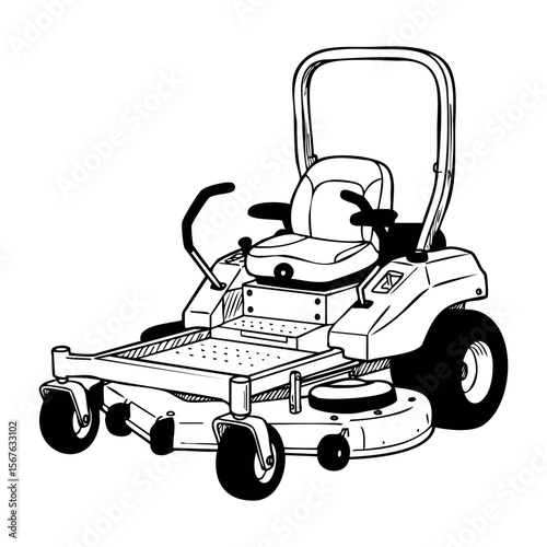 Zero turn lawn mower with seat and steering arms - line art illustration. Vector hand-drawn doodle illustration