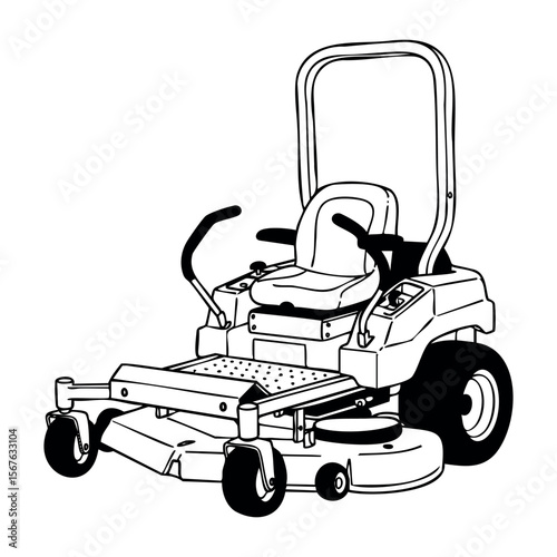 Zero turn lawn mower line art design for efficient grass cutting. Vector hand-drawn doodle illustration
