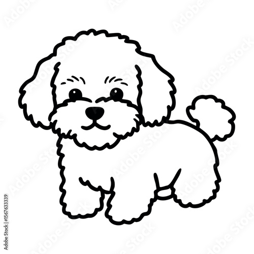 Cute cartoon drawing of a fluffy pup standing happily. Vector hand-drawn doodle illustration
