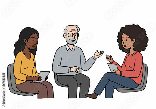 Diverse group of people sitting in chairs having a discussion or therapy session, holding papers in a simple doodle style illustration.