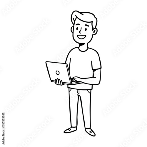 Cartoon illustration of male character with laptop. Vector hand-drawn doodle illustration