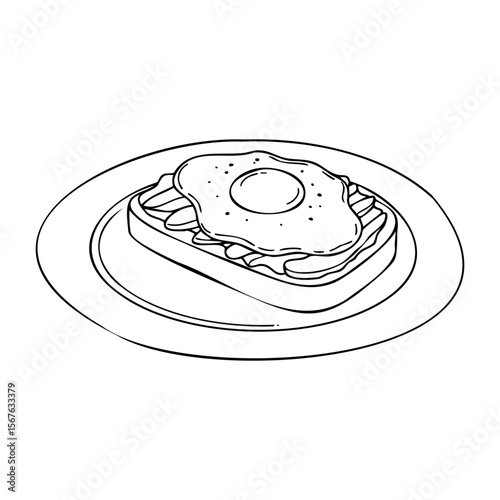 Fried egg on toast line art illustration in black and white. Vector hand-drawn doodle illustration