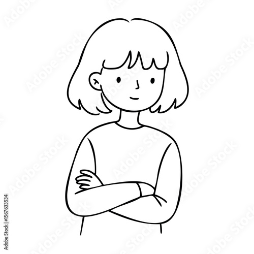 Female child cartoon character with crossed arms in black and white line art style. Vector hand-drawn doodle illustration