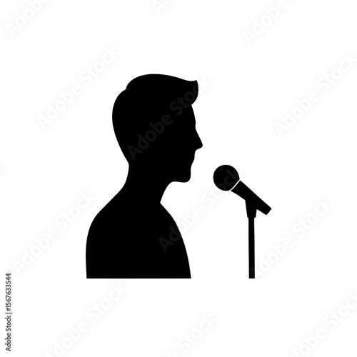 Modern Podcaster at Mic Black Silhouette Creating Content Side View