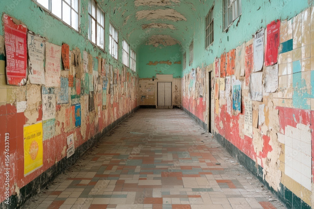 Fototapeta premium Old abandoned train station corridor with graffiti on the walls and doors.