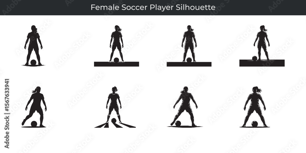 Silhouettes of female soccer players in various poses demonstrating football skills and action Silhouettes of female soccer players in various poses demonstrating football skills and action