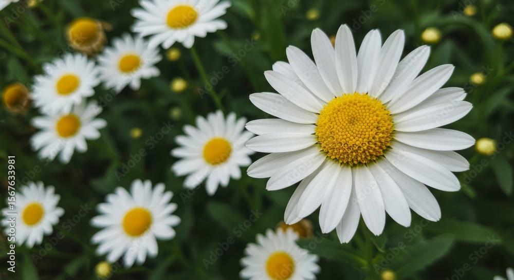 Fototapeta premium Close-up of a vibrant white daisy with a bright yellow center, surrounded by other daisies and lush green foliage