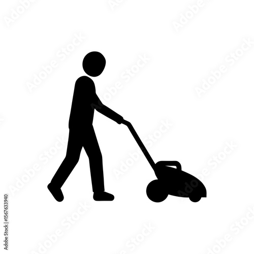 Industrious Side View Black Silhouette of a Person Pushing a Lawnmower