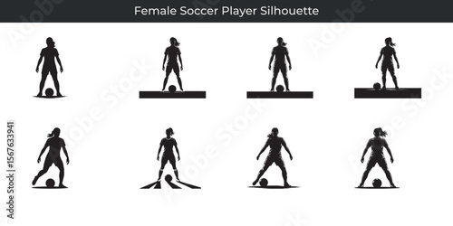 Silhouettes of female soccer players in various poses demonstrating football skills and action