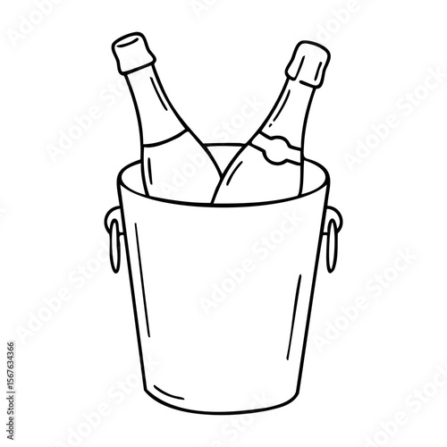 Ice bucket with two bottles of champagne illustration for celebrations. Vector hand-drawn doodle illustration