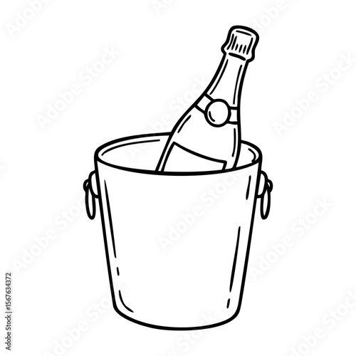 Champagne bottle in ice bucket line drawing for celebrations. Vector hand-drawn doodle illustration