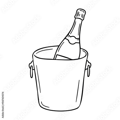 Champagne bottle chilling in ice bucket for celebrations and parties. Vector hand-drawn doodle illustration