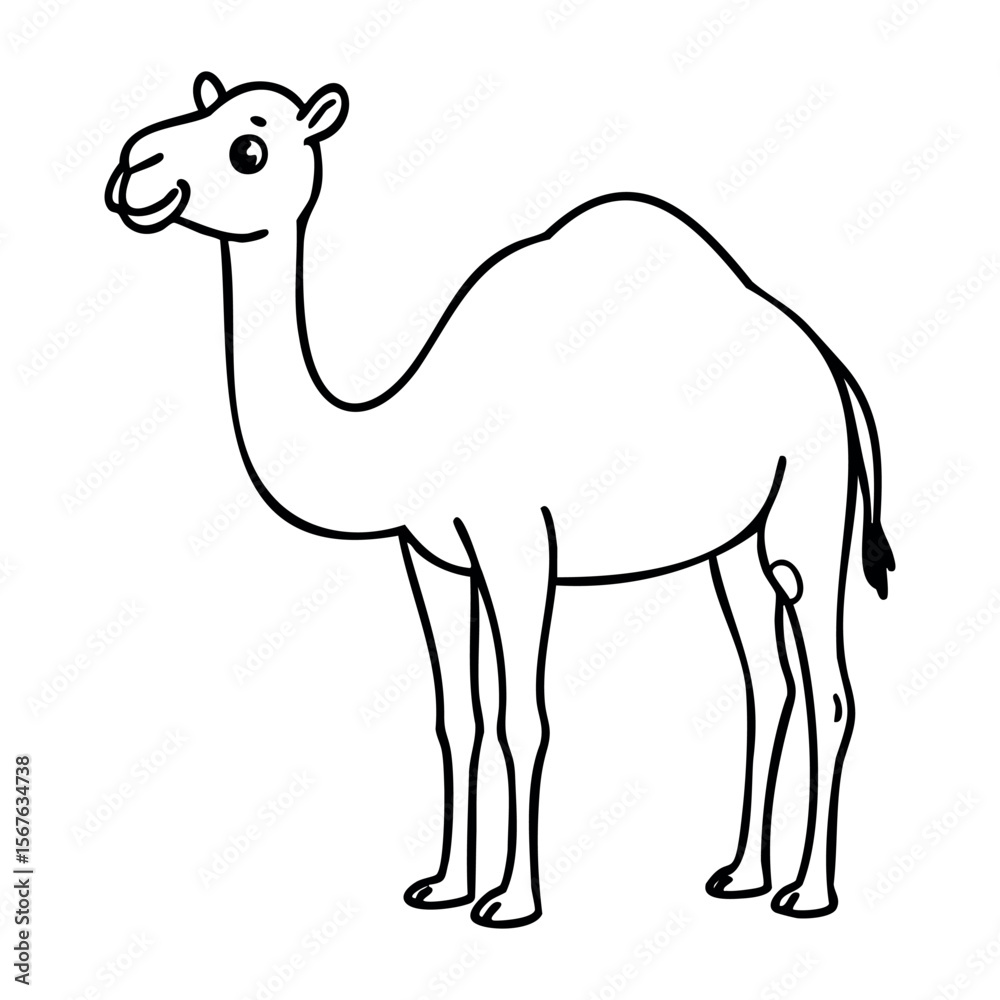 Fototapeta premium Black and white line drawing of a smiling camel. Vector hand-drawn doodle illustration