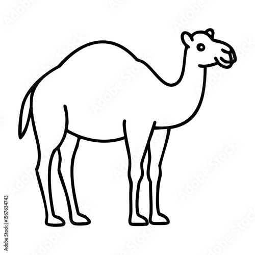 Outline drawing of a camel standing sideways with a simple design. Vector hand-drawn doodle illustration