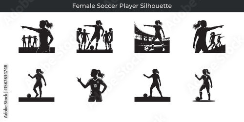 Silhouette illustrations of female soccer players in dynamic poses on a white background