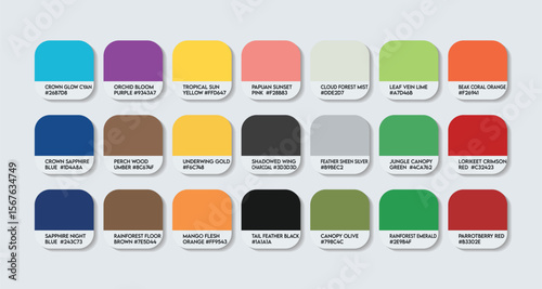 Charmosyna papou Color Palette. Charmosyna papou color Tone Swatch Chart with HEX Codes and Color Names. West Papuan lorikeet Feather and Body Tones Variants. New Plastic Colors Palette vector EPS