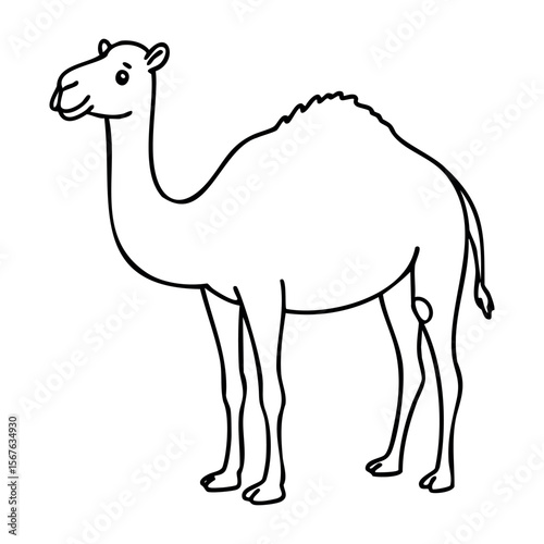 Simple outline of a standing camel in profile view. Vector hand-drawn doodle illustration