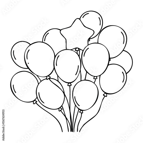 Cluster of party balloons with unique star shape centerpiece. Vector hand-drawn doodle illustration