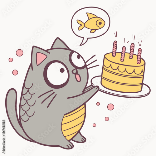 Cartoon Gray Cat Holding Birthday Cake and Dreaming of Fish