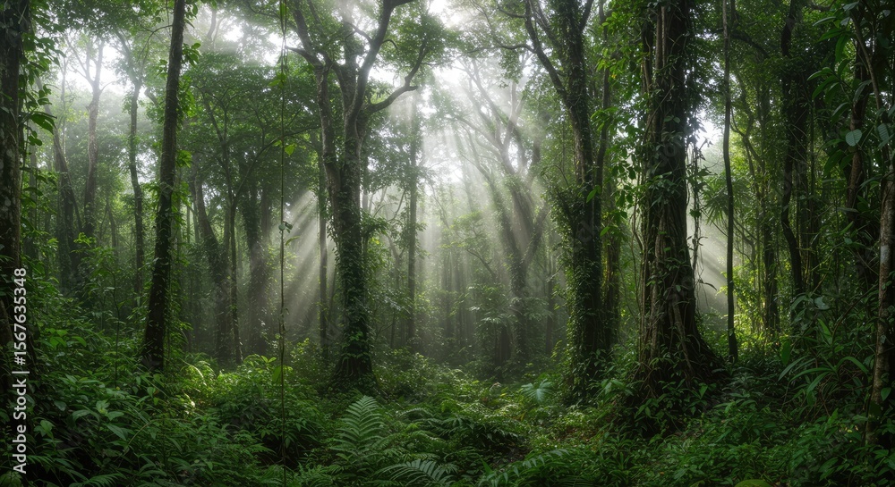 Fototapeta premium Lush Green Forest Scene With Sunlight Streaming Through Trees Creating Atmospheric Lighting