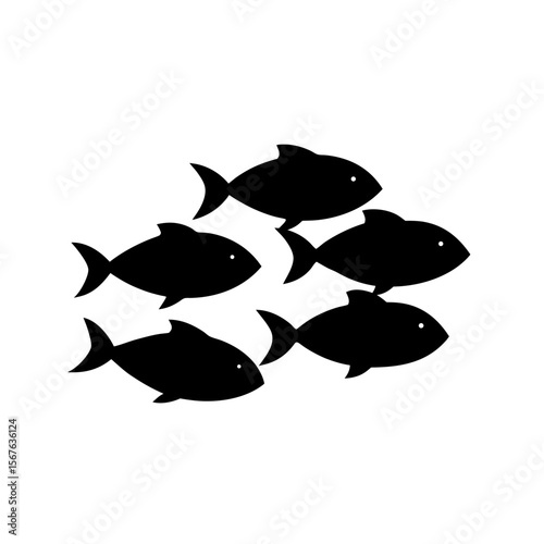 Schooling Black Silhouette of a Group of Fish Side View Isolated on Clear White Water