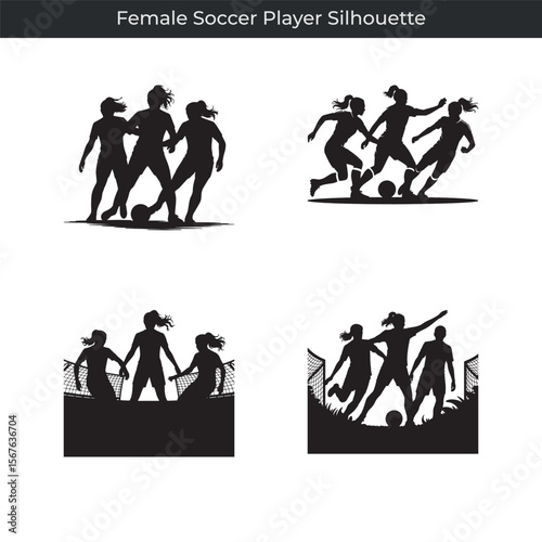 Dynamic silhouettes depicting action and skill of female soccer players in various match scenarios