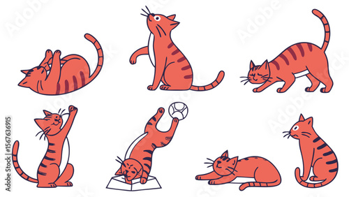 Playful Cartoon Cats in Various Poses with Orange and Black Stripes