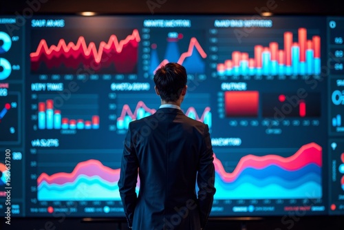 Tech-savvy office worker utilizing real-time data analytics on a large screen with vibrant colors and sleek designs.