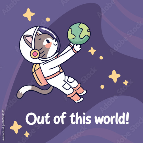 Cartoon Cat Astronaut Holding Earth Globe, Wearing White Spacesuit