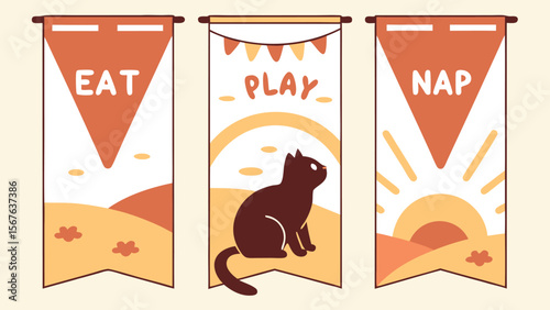 Illustrated Dark Brown Cat Sitting, Watching Sunrise, on a Pastel Yellow and Orange Banner