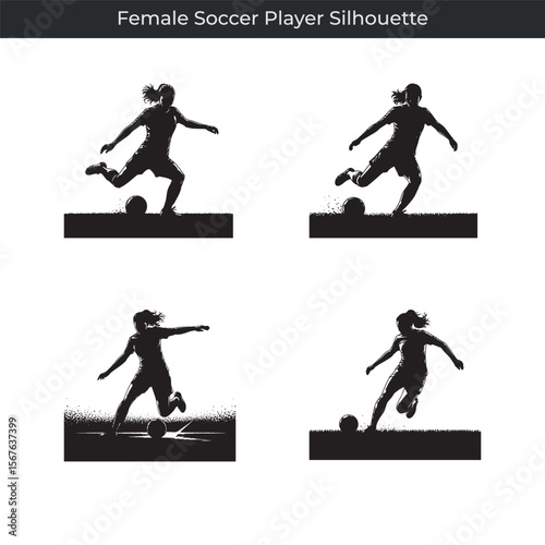 Dynamic female soccer player silhouettes kicking soccer ball on white background
