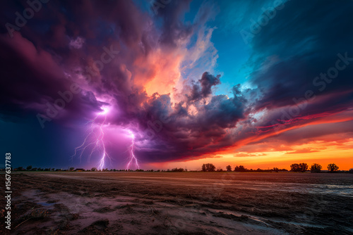 Dramatic stormy sky with lightning over an open field at sunset