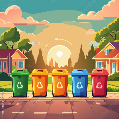 Colorful trash and recycling bins lined up in a suburban neighborhood