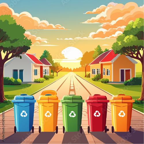 Colorful trash and recycling bins lined up in a suburban neighborhood