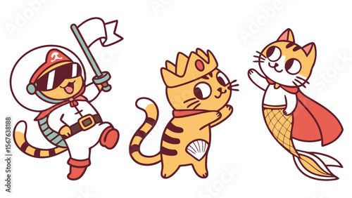 Three Adorable Cartoon Cats in Costumes: Astronaut, King, and Mermaid