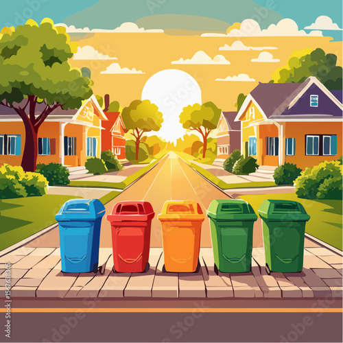 Colorful trash and recycling bins lined up in a suburban neighborhood