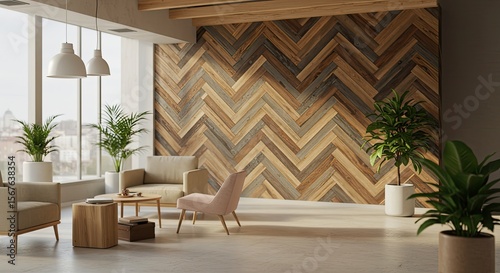 Eco-Friendly Office with Reclaimed Wood Wall and Natural Light, Blurred Background