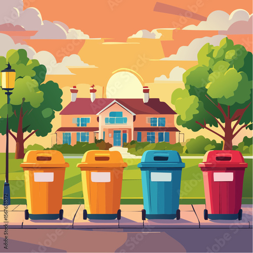 Colorful trash and recycling bins lined up in a suburban neighborhood