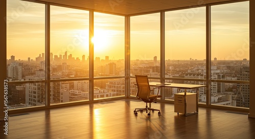 Empty Corner Office with City View During Golden Hour, Soft Blurred Background