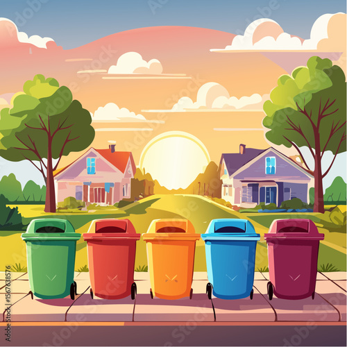 Colorful trash and recycling bins lined up in a suburban neighborhood