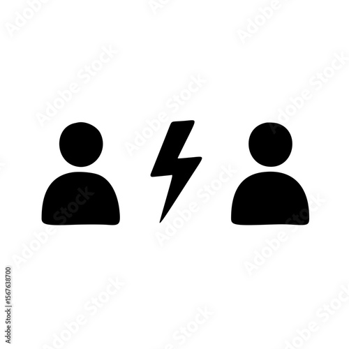 Simple linear vector icon representing connection between two people. Icon of two people with lightning symbolizing conflict or disagreement - Concept of simple linear vector icon  