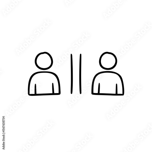 A simple linear vector icon depicting two people separated by a wall of misunderstanding. Communication difficulties, conflict.