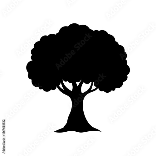 Black Silhouette Of An Olive Tree With A Gnarled Trunk And Leaves
