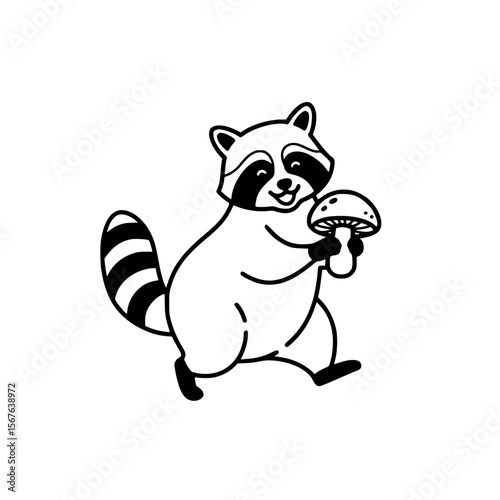 Raccoon holding a mushroom while walking in a playful manner  