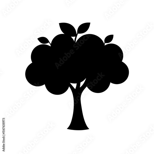 Black Silhouette Of An Apple Tree With Visible Fruit For An Orchard