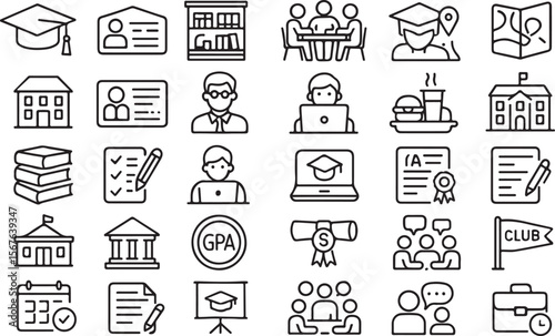 Collection of icons representing various aspects of university life and education