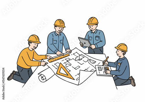 Construction Team Reviewing Blueprint Illustration
