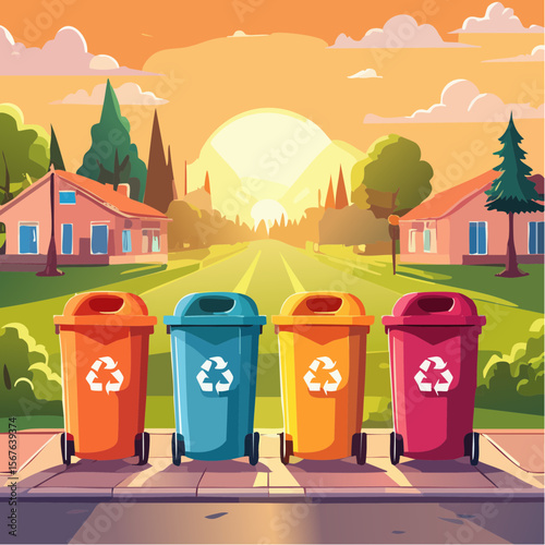 Colorful trash and recycling bins lined up in a suburban neighborhood